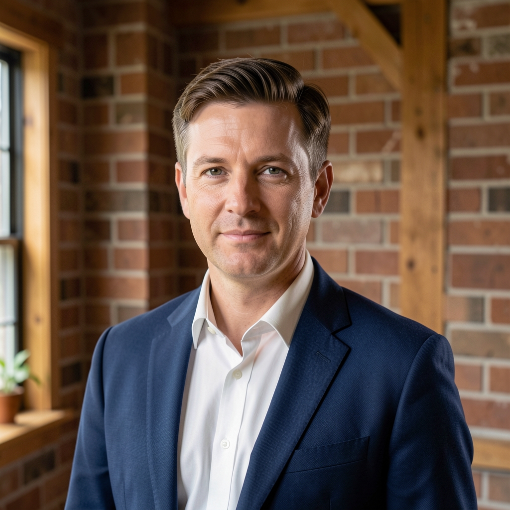 Tobias Ashcroft, contributing writer at Barlov Press, photographed against a brick and timber interior