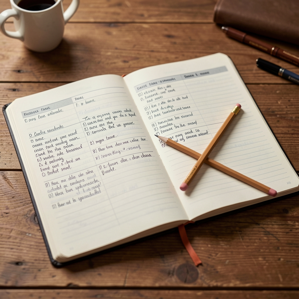 Open food journal notebook on a wooden desk with handwritten daily meal entries, a pencil resting across the page