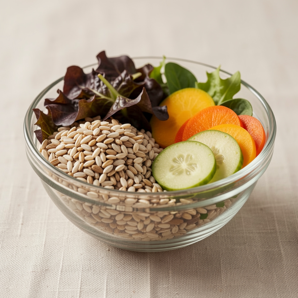 A glass bowl filled with mixed whole grains, dark leafy greens and sliced seasonal vegetables arranged on a pale linen surface under soft diffused light