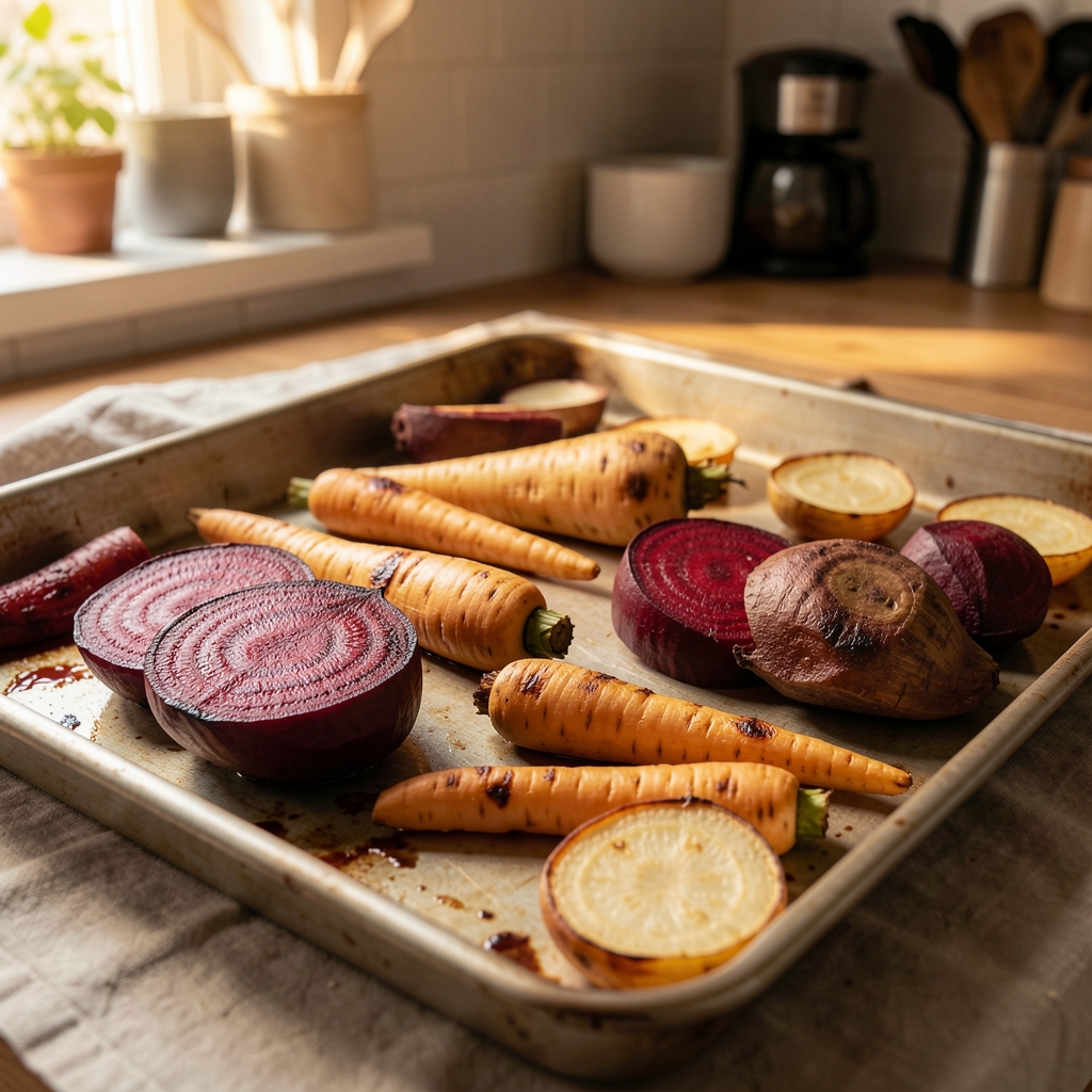 Roasted root vegetables including beetroot and parsnip arranged on a baking tray, caramelised edges under warm kitchen light