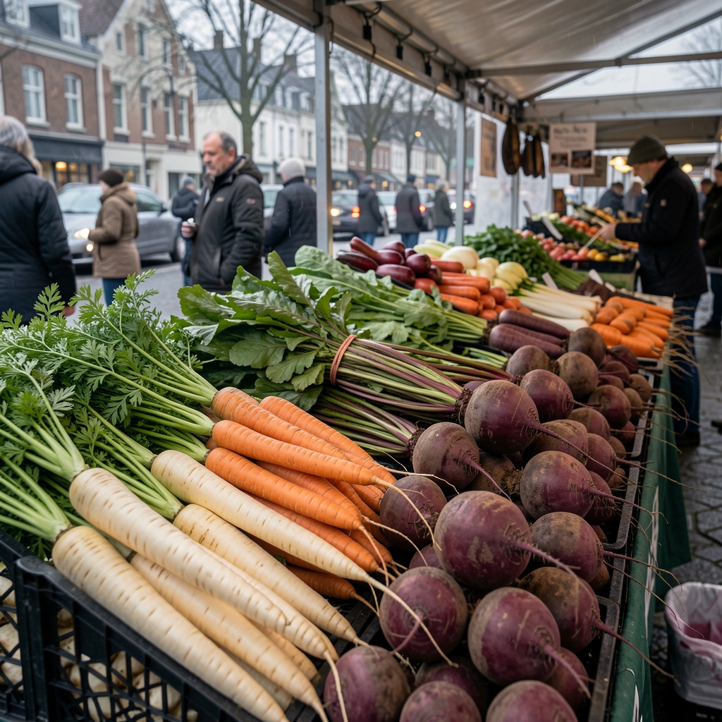 Rows of winter root vegetables including parsnips, carrots and beetroot displayed on an outdoor market stall under grey morning light