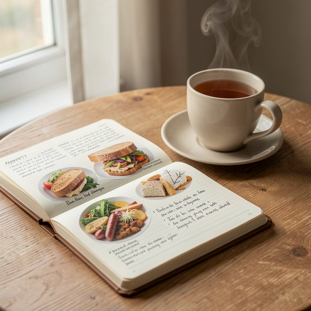 Open food journal with brief hand-written appetite notes beside a morning cup of tea, soft window light from the left
