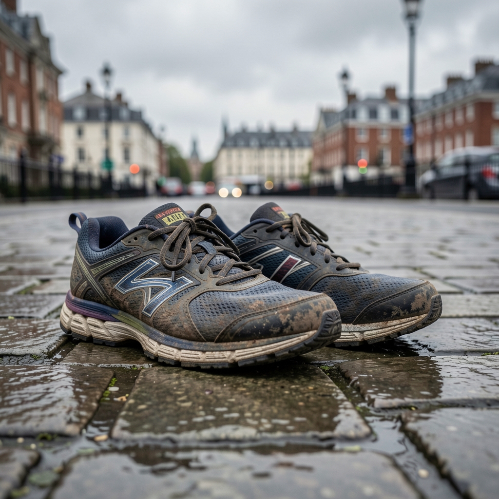 A pair of worn running shoes resting on a damp cobblestone pavement, overcast London sky visible in shallow background