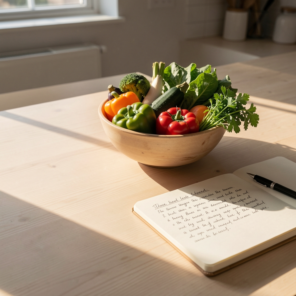 Early morning kitchen light casting long shadows across a pale wooden counter with a bowl of seasonal vegetables and a handwritten notebook