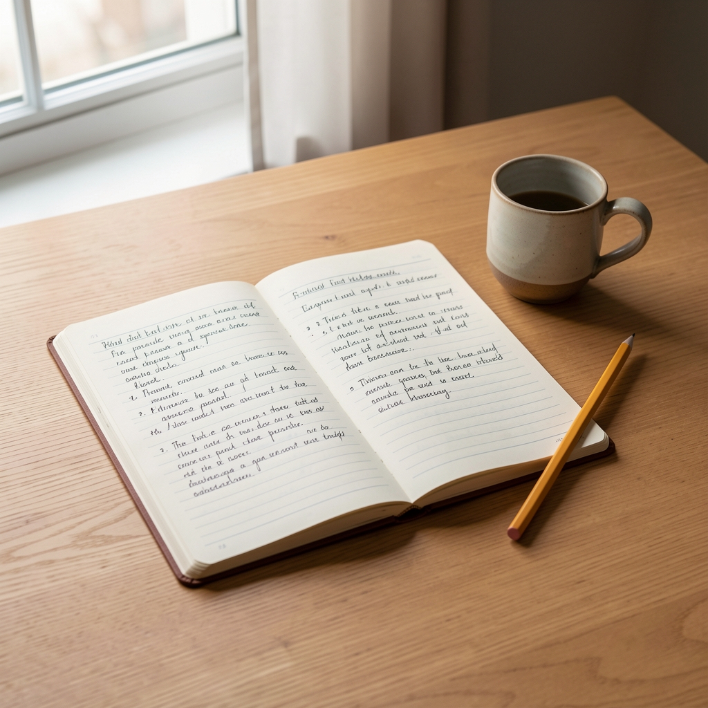 Open notebook on a plain wooden desk with handwritten field notes, a pencil and a small ceramic cup, natural window light